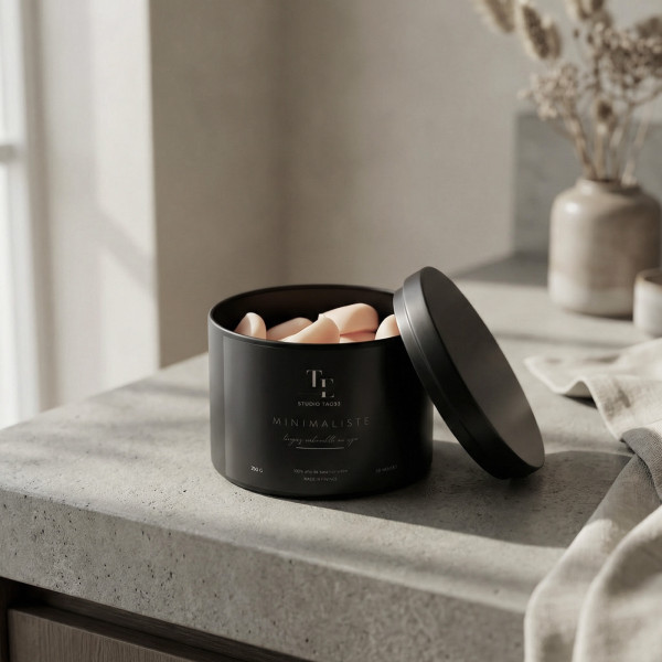 Pot de fondants parfumés Bois de Oud design minimaliste noir élégant ambiance sophistiquée