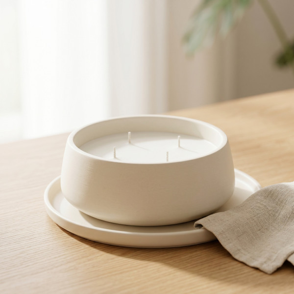 Decorative bowl in white resin with a matte finish, ideal for zen decoration and candle arrangements.