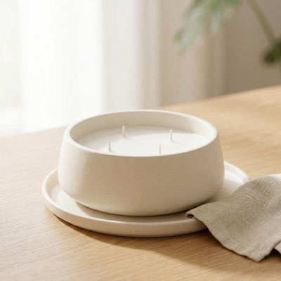 Decorative bowl in white resin with a matte finish, ideal for zen decoration and candle arrangements.
