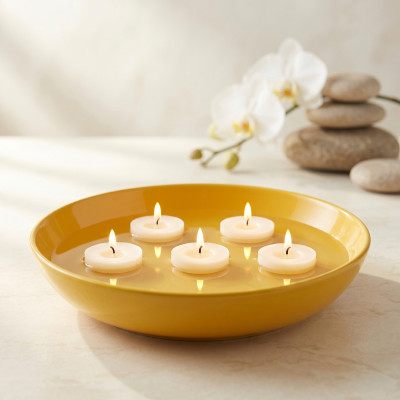 Bougies flottantes sakura dans vase eau décoration table élégante ambiance florale