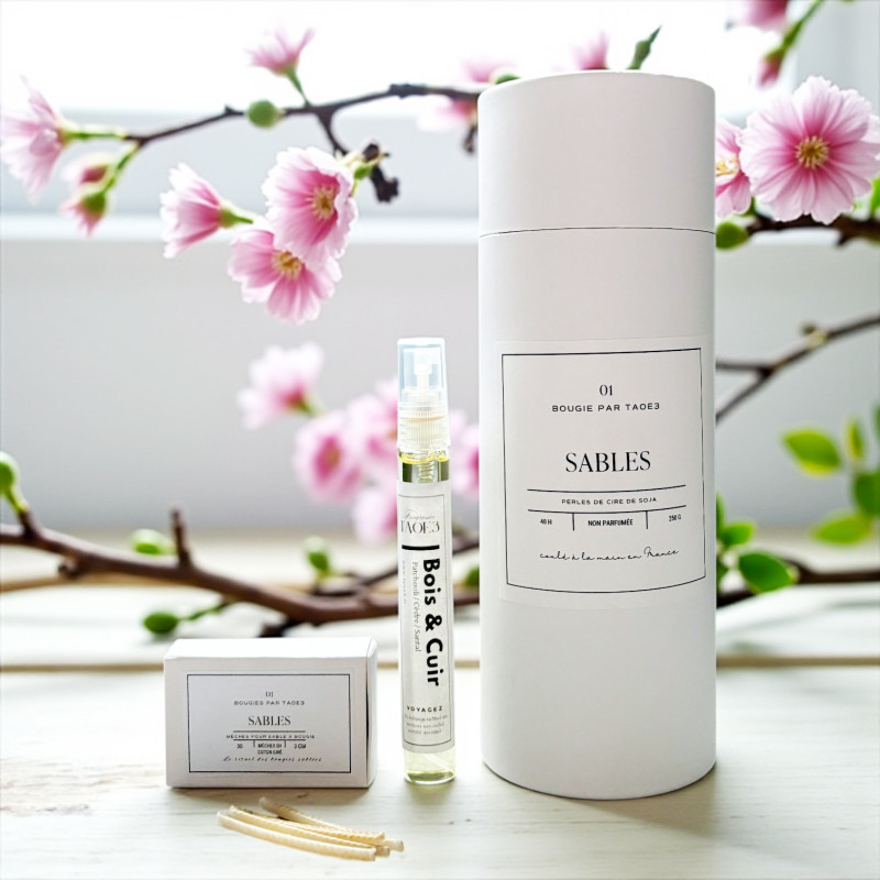 Sable de cire de soja - 250G - 30 mèches et flacon de parfum au choix